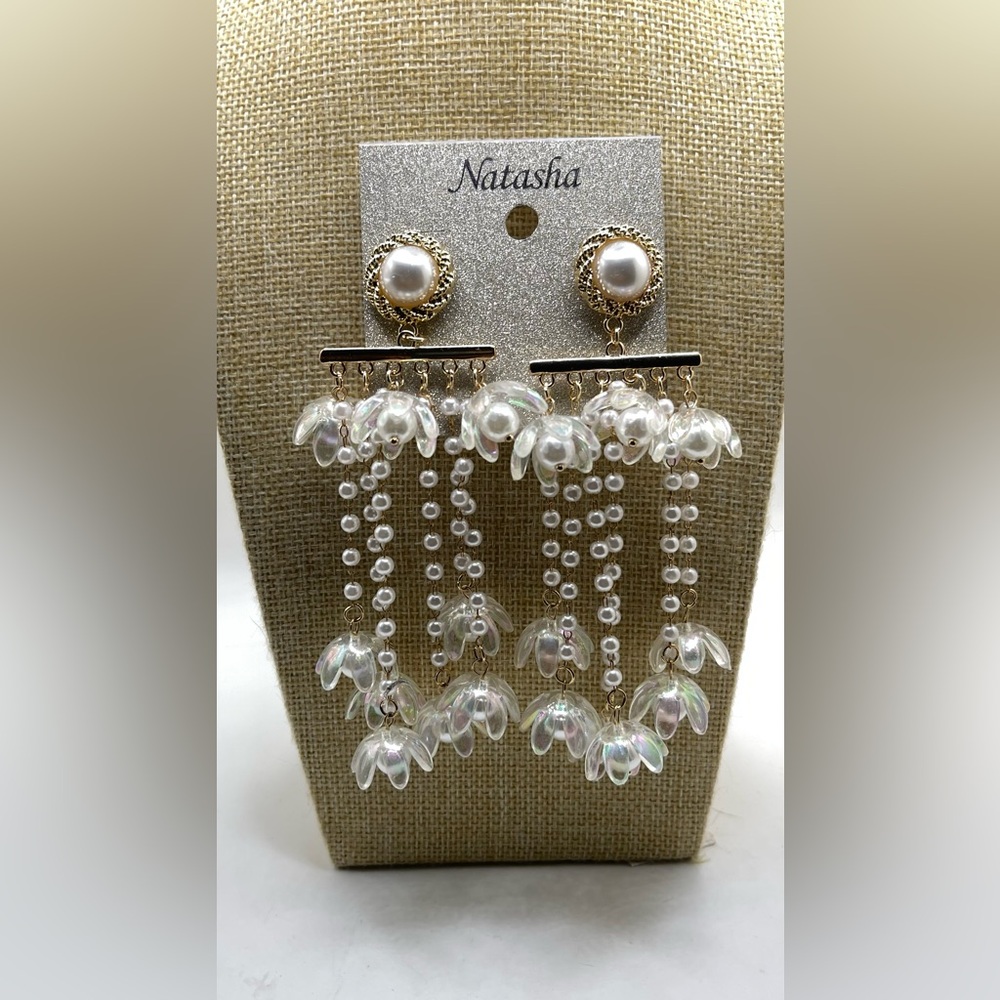 Natasha Couture Iridescent White Pearl Cascade Chandelier Earrings